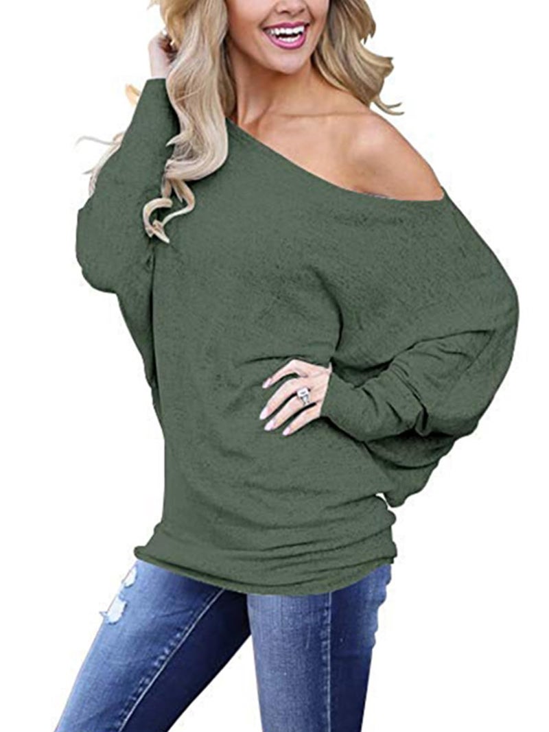 Poetsky Womens Tops and Blouses Off Shoulder Shirts Casual Loose Long Sleeve Tops, Green, L - Image 3